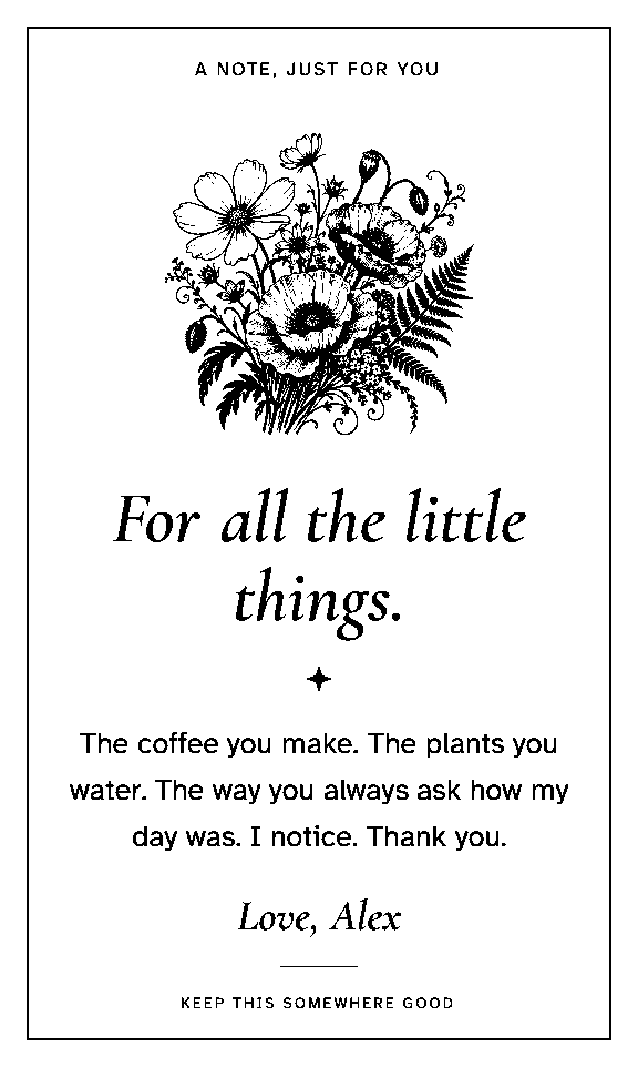 A botanical note with detailed flowers and serif typography.
