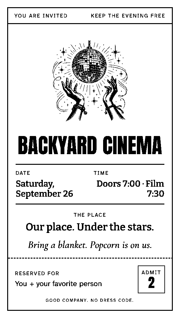 A vintage-style event ticket with decorative artwork and bold type.