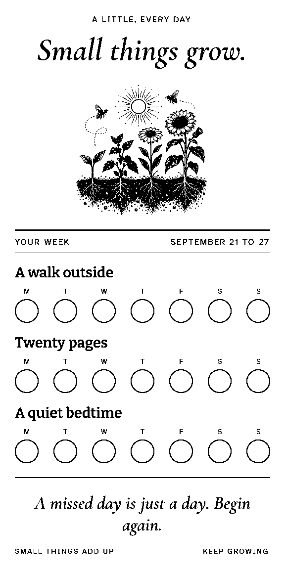 A botanical habit tracker with garden artwork and checkboxes.