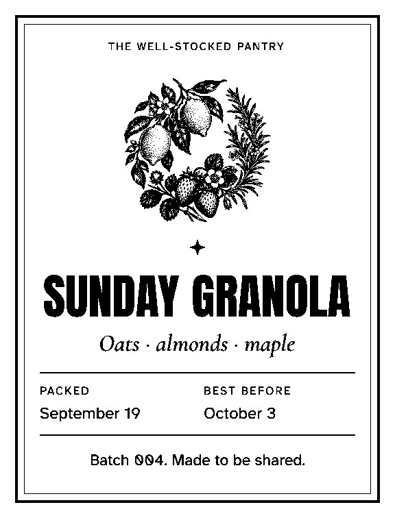 A decorative pantry label with expressive lettering.
