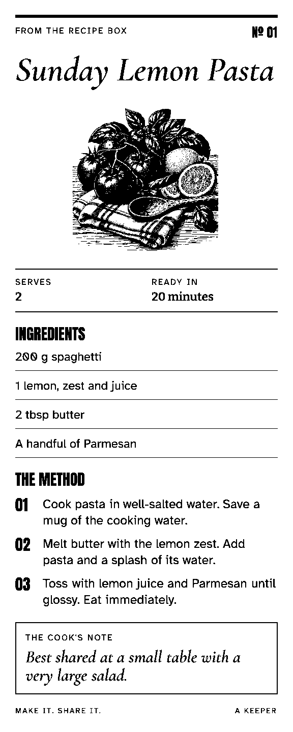 An illustrated recipe card with custom serif lettering and ingredients.